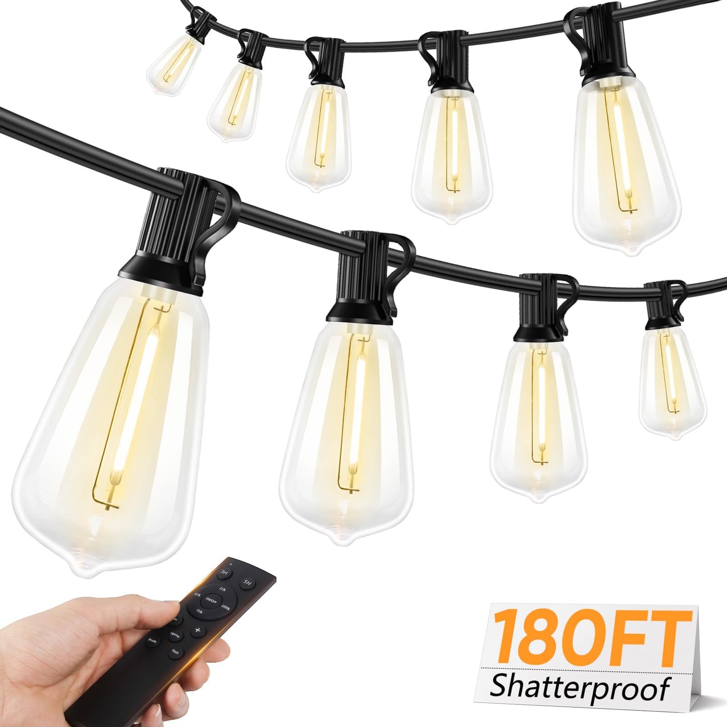 Brightever LED Outdoor String Lights, 180FT Warm White, Dimmable with Remote, 56 Shatterproof Bulbs, Black, Model CMPC-O25XA