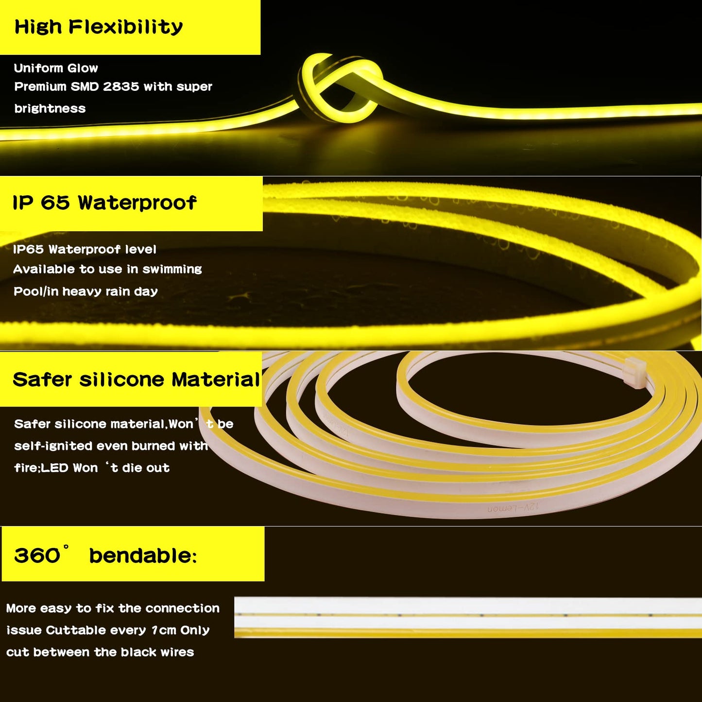 Meijiajia LED Neon Strip Lights, Yellow, 12V, 16.6ft, Flexible Diffuser, Waterproof Silicon, Cuttable & Bendable