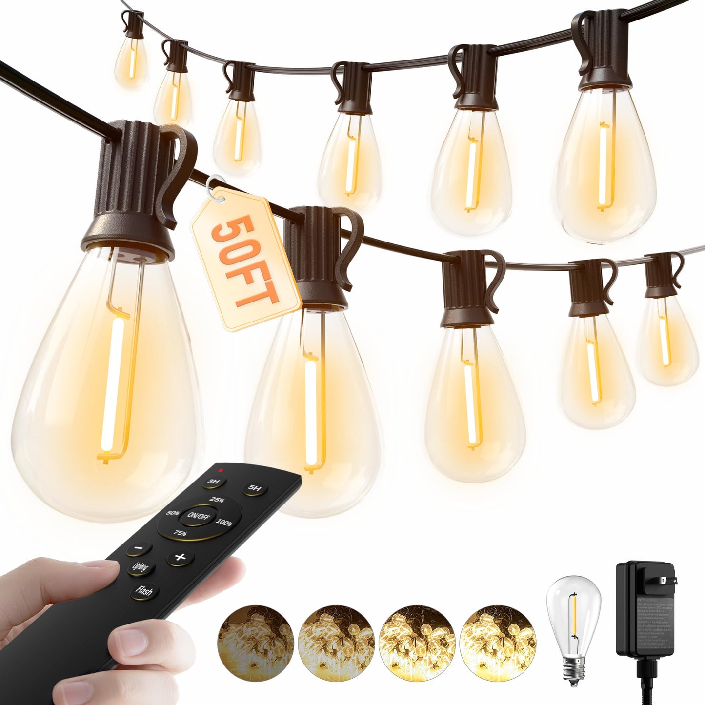 luckystyle LED Outdoor String Lights, 50FT, Warm Yellow-2200K, Waterproof, Dimmable, 16+1 Shatterproof Bulbs, Model S11