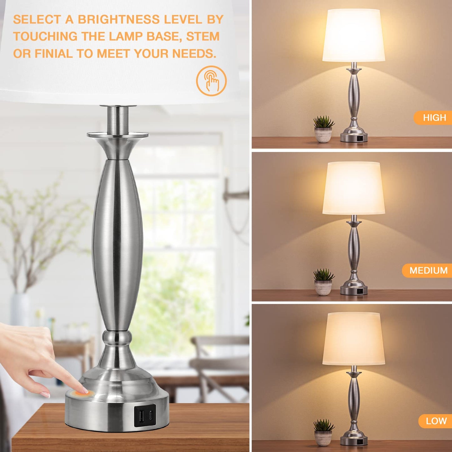 Seealle Touch Control Bedside Lamps Set of 2, 3-Way Dimmable, USB Ports, 22.5in, White Shade and Nickel Base