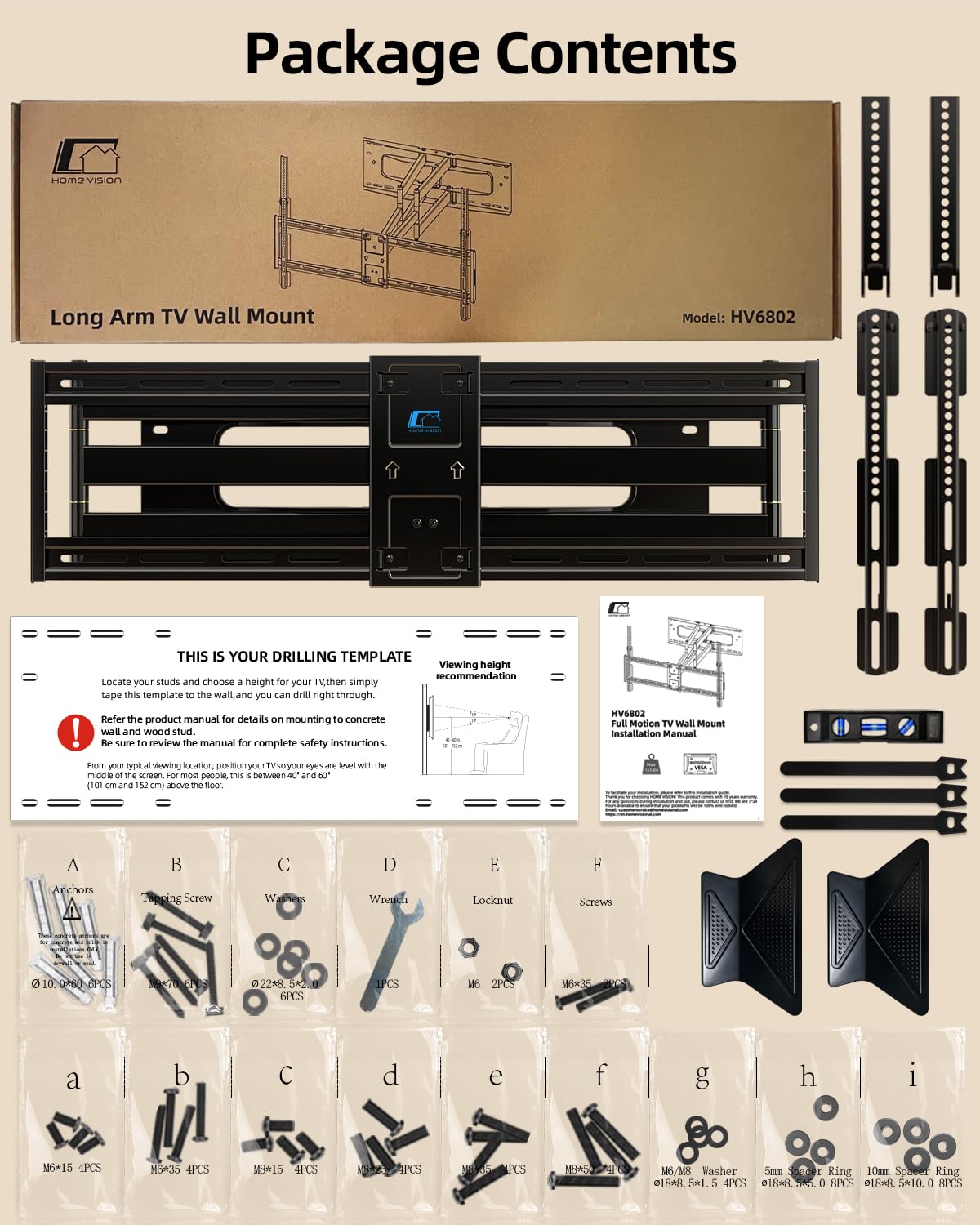 HOME VISION Full Motion Long Arm TV Wall Mount Bracket, Fits 75, 80, 85, 86, 98, 100 inch Flat or Curved TVs Up to 800x600 VESA & 165LBS, TV Mount with Full Motion, Swivel, Tilt, Extension, Heavy Duty