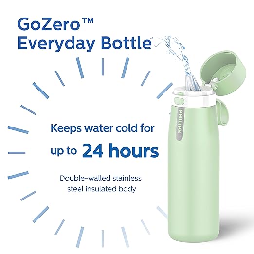 PHILIPS GoZero Everyday Insulated Stainless Steel Water Bottle Everyday Tap Water Filter BPA Free Transform Tap Water into Healthy Tastier Water Keep Drink Hot/Cold, 32 oz, Green