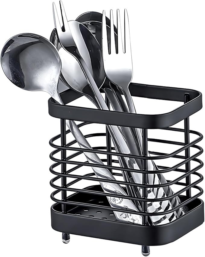 Kitchen Sink Utensil Holder of Drying Rack, Small Stainless Steel Cutlery Drainer Caddy,Spoon and fork organizer (Black)