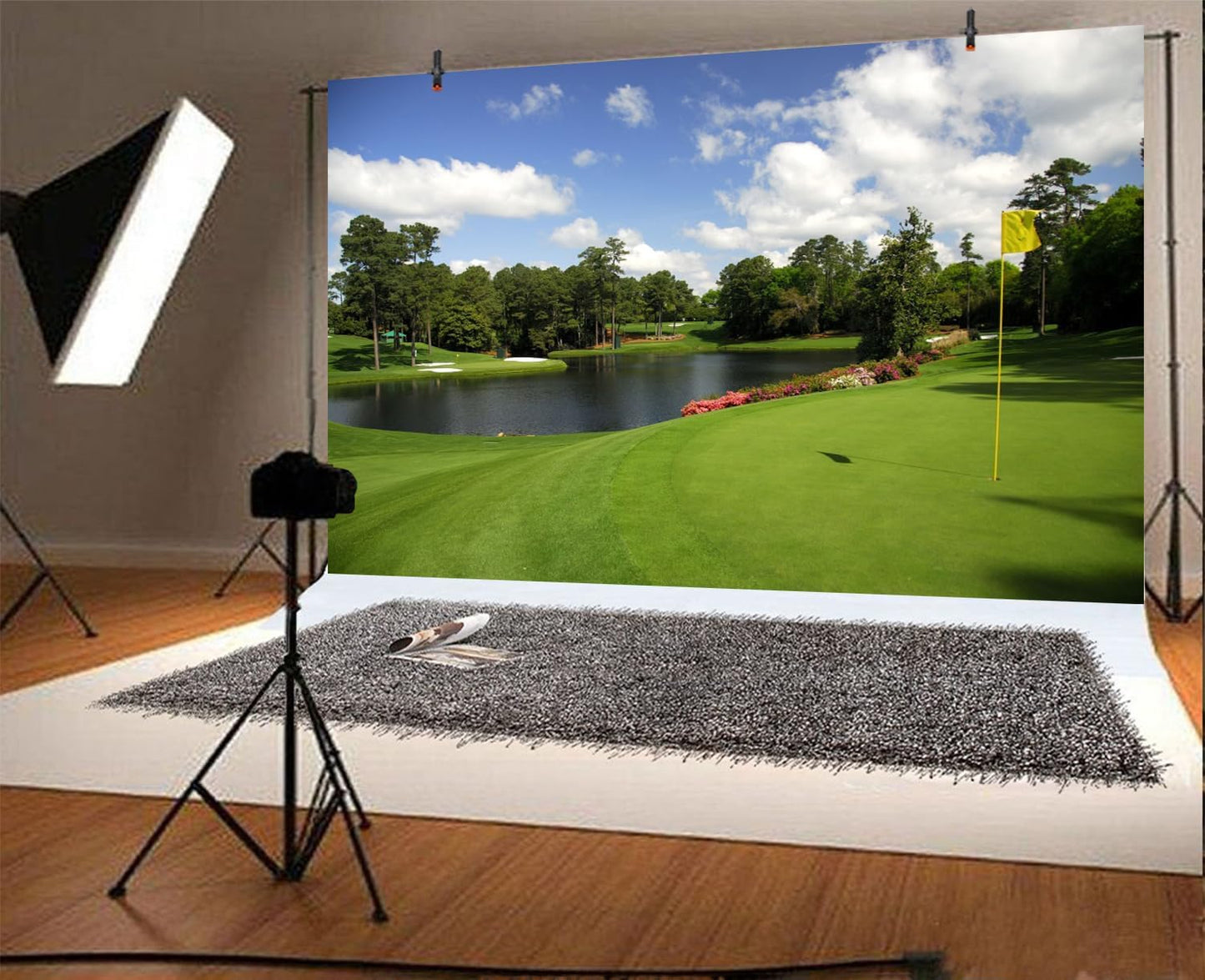 Golf Course Backdrop - Woodland Green Grass Lawn Flag Lake Sports Backgrounds for Photography, Party Decorations, Birthday Banner, Photo Studio Props - 7x7ft