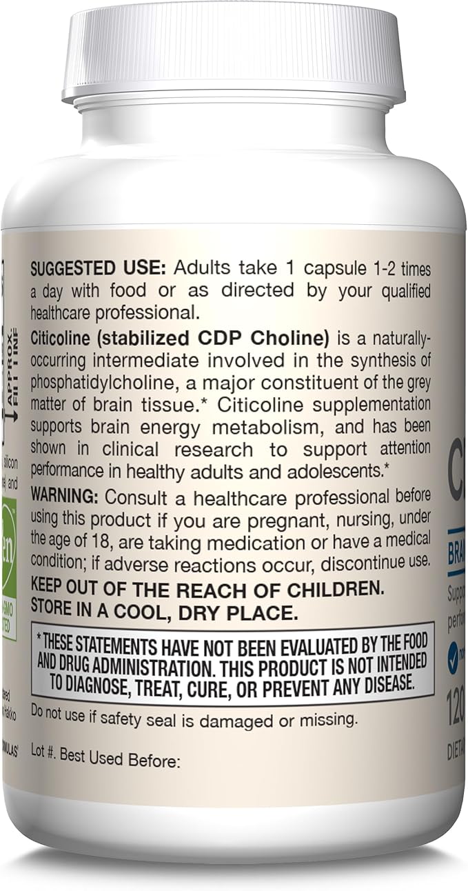 Jarrow Formulas Citicoline CDP Choline 250 MG, CDP Choline Supplement Supports Brain Health, Performance and Memory, 120 Capsules, Up to a 120 Day Supply