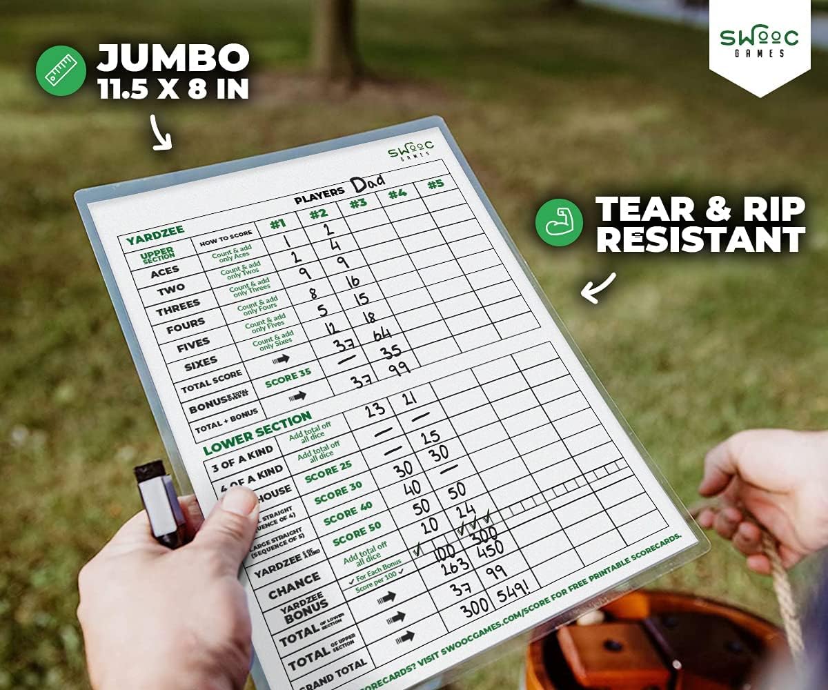 SWOOC Games® - 5 Big Premium Laminated Yardzee & Farkle Score Cards (11.5in x 8in) with Rules - Large Reusable Dry Erase Pads for Giant Outdoor Dice