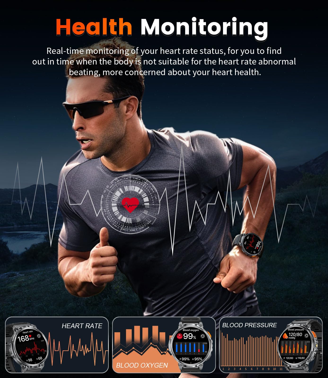 ESFOE 1.85" Large Screen Smart Watches for Men Compatible with iOS Android, LED Flashlight/730mAh Large Battery, Fitness Tracker with Heart Rate/Sleep Monitor/100+ Sports Mode, Bluetooth Call (Black)