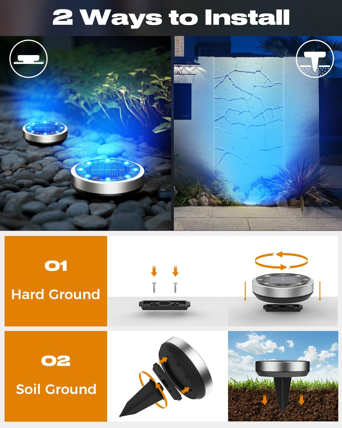 btfarm Solar Ground Lights, 8 LED Waterproof Disc Lights, 4 Pack, Blue, Model DC-CD915