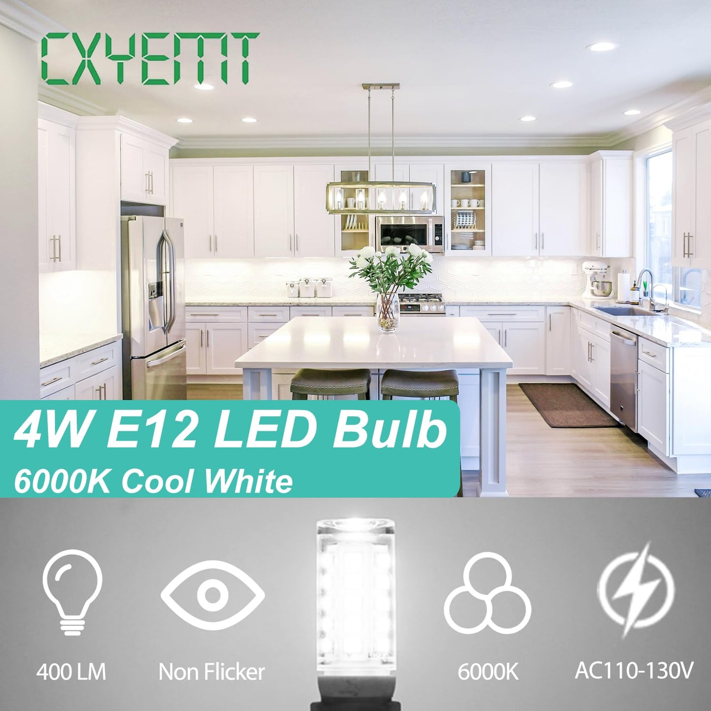 Cxyemt E12 LED Candelabra Bulb 4W 6000K Daylight White T3/T4 Base 6-Pack
