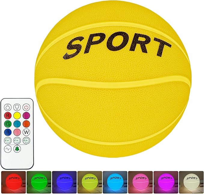 Glow in The Dark Basketball Silicone Night Light for Kids, Rechargeable 5.9 Inch Ball Night Lamp 9 Colors Dimmable with Remote and Timer, Light Up Basketball Gifts for Boys 8-12 Girls Men