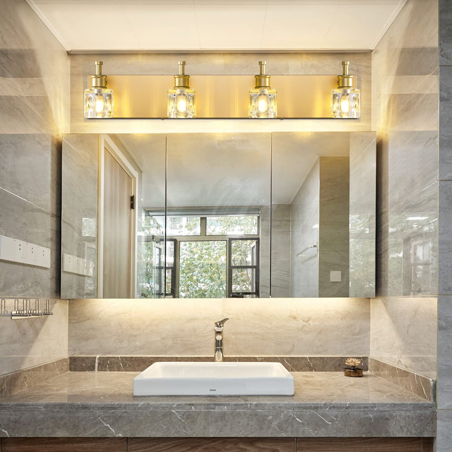 Presde Modern Crystal Bathroom Vanity Light - 4-Light Gold Fixture Over Mirror, Excludes Bulb, Model 476E546C-B841-4F4F-A519-Bb35D