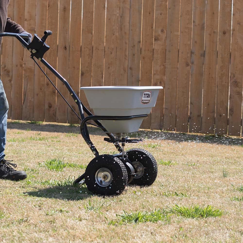 Titan Attachments 70 LB Professional Fertilizer Push Broadcast Spreader, Spreads 10 to 12 FT, Lawn Care and Ice Melter, Yard Tool