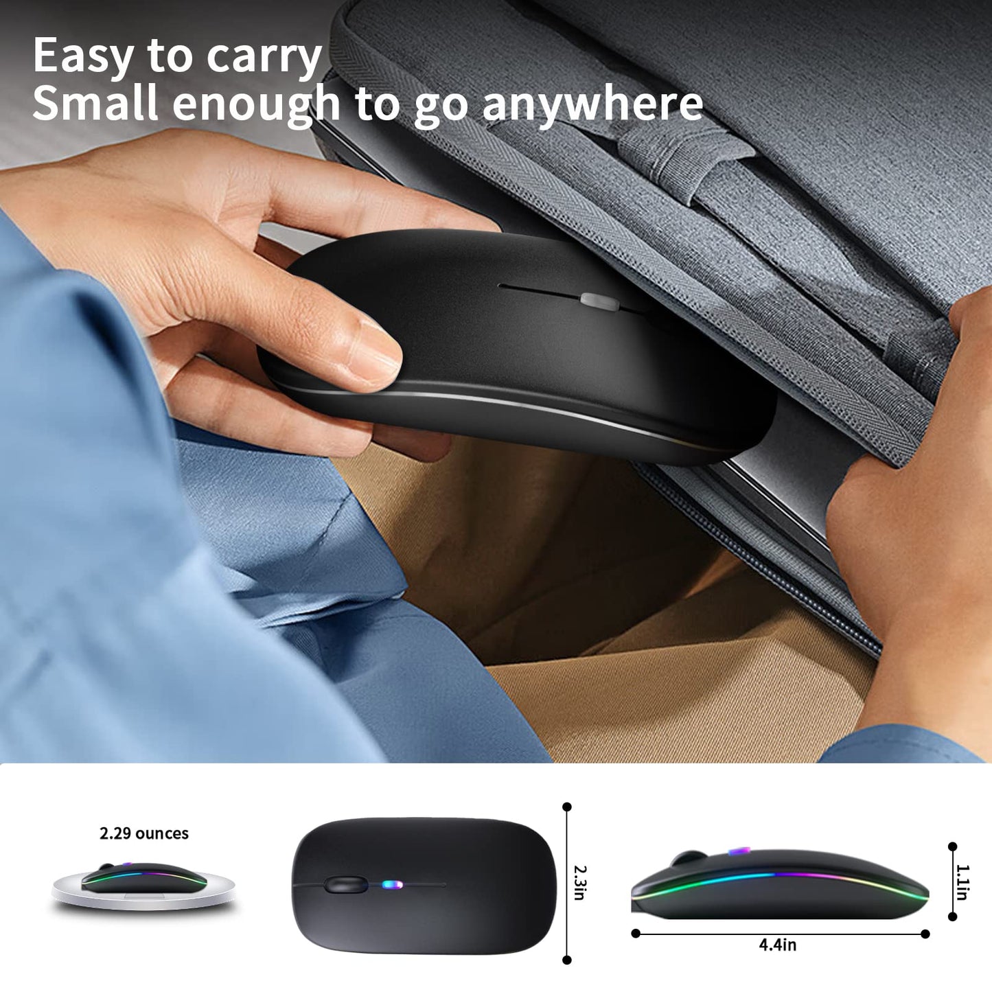 KANMABPC Wireless Bluetooth Mouse – Rechargeable, Silent, Dual Mode (Bluetooth 5.2 & USB) with LED Lights – Portable for Laptop, Desktop, & Tablet(Black)
