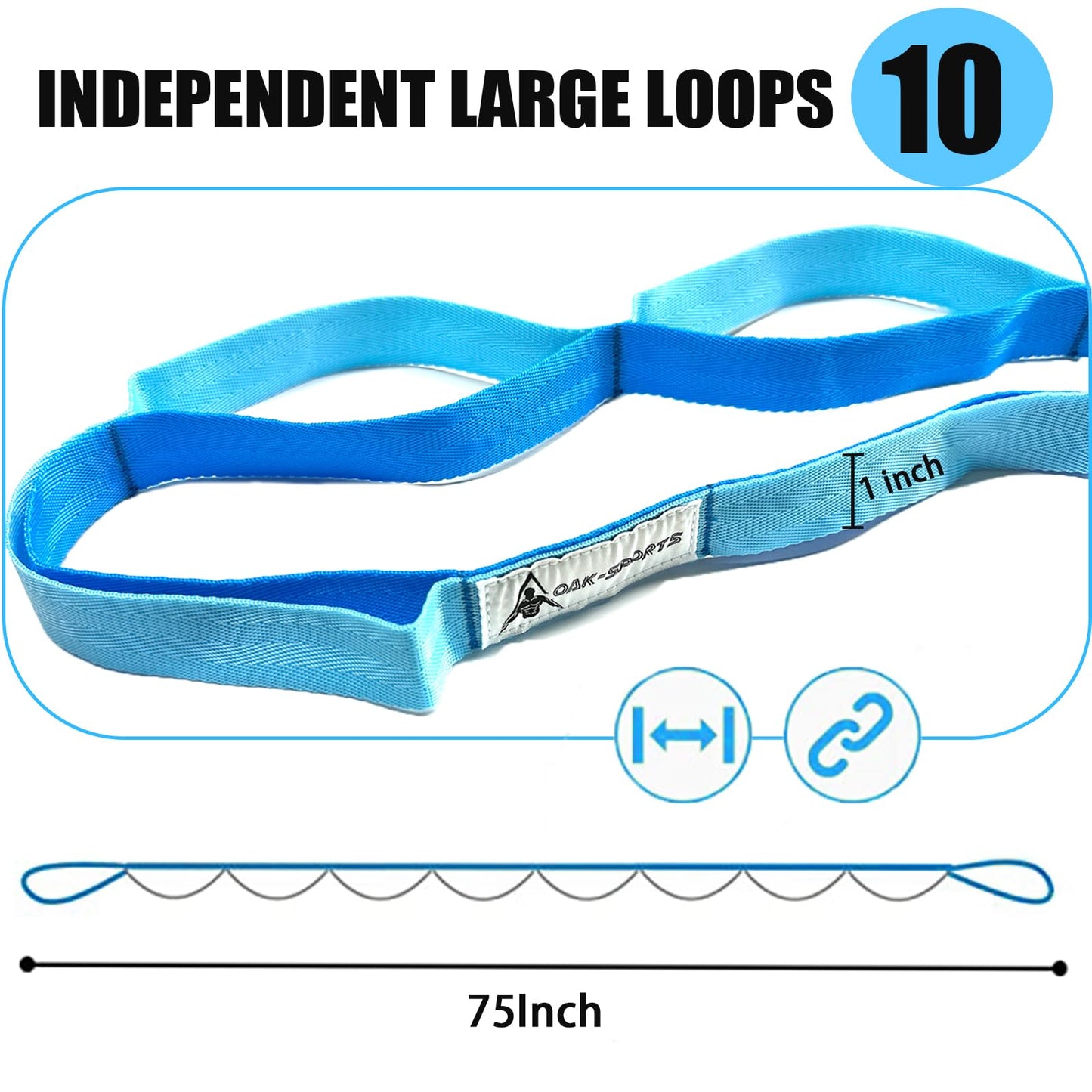 Stretching Strap Yoga Strap with Loops, Stretch Straps for Physical Therapy, Non-Elastic Exercise Strap for Pilates, Dance and Gymnastics with Workout Guide (Black+Blue/Light Blue)