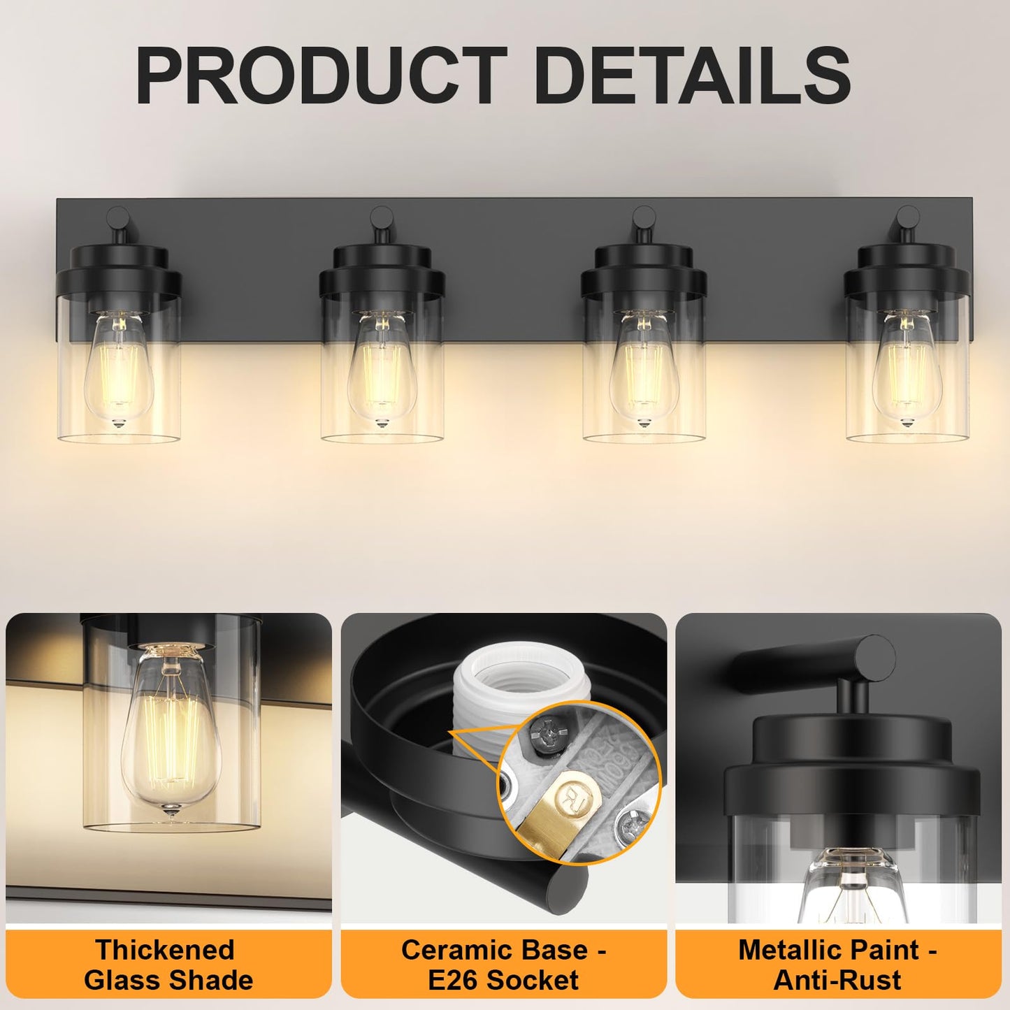 Izorro Bathroom Vanity Light Fixture  4-Light 27.5 Inch Matte Black Bathroom Light Fixtures Over Mirror  With Clear Glass Shade  Modern Farmhouse Vanity Lights  Rustic Restroom Lighting Fixtures