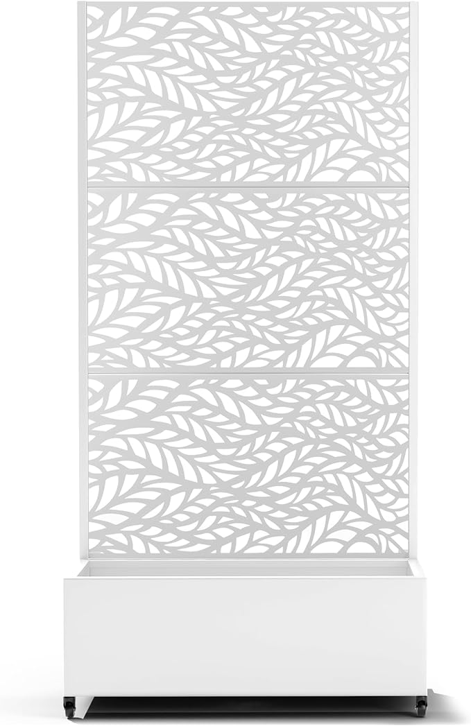 Raised Garden Bed with Trellis and Wheels,73"x35"x16" Metal Raised Garden Bed,White Flowing Leaf Metal Planter with Climbing Trellis for Vines & Vegetables