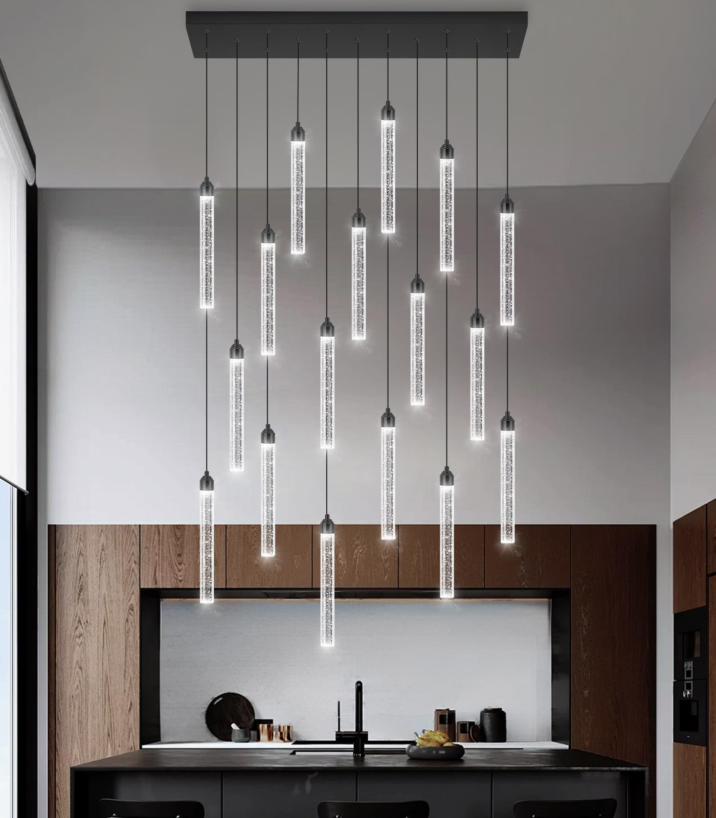Rectangular Chandeliers 17-Lights Long Light For Entryway Led Dimmable Chandeliers Lighting Fixture Flat Sloped High Ceiling Pendant Lights Crystal For Living Room Foyer Hallway Staircase Black