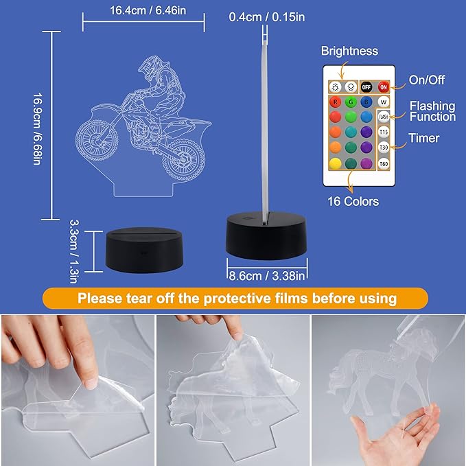 FULLOSUN Dirt Bike Gifts, Motocross 3D Night Light for Kids for Xmas Holiday Birthday Gifts for Kids Motorcycle Fan with Remote Control 16 Colors Changing + 4 Changing Mode + Dim Function