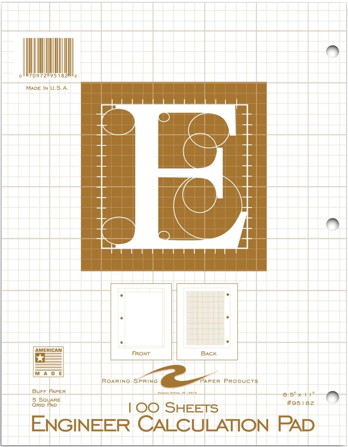 ROARING SPRING Engineering Pad, 8.5" x 11", 100 Sheets 15# Buff Paper, 5x5 Printed Back Enclosed Grid, Top Glued, 3-Hole Punched, Proudly Made in USA, Heavy Backing Board