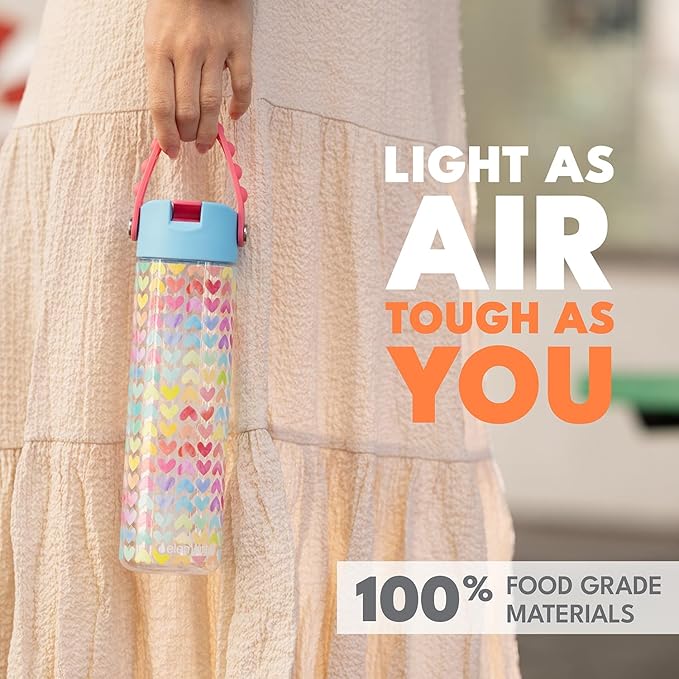 Elemental Splash Water Bottle with Straw - BPA-Free Tritan Plastic Reusable Water Bottle with Pop It Strap - Ideal for Travel, Gym and Sports - Leak Proof when Spout is Closed - 26oz - Rainbow Heart