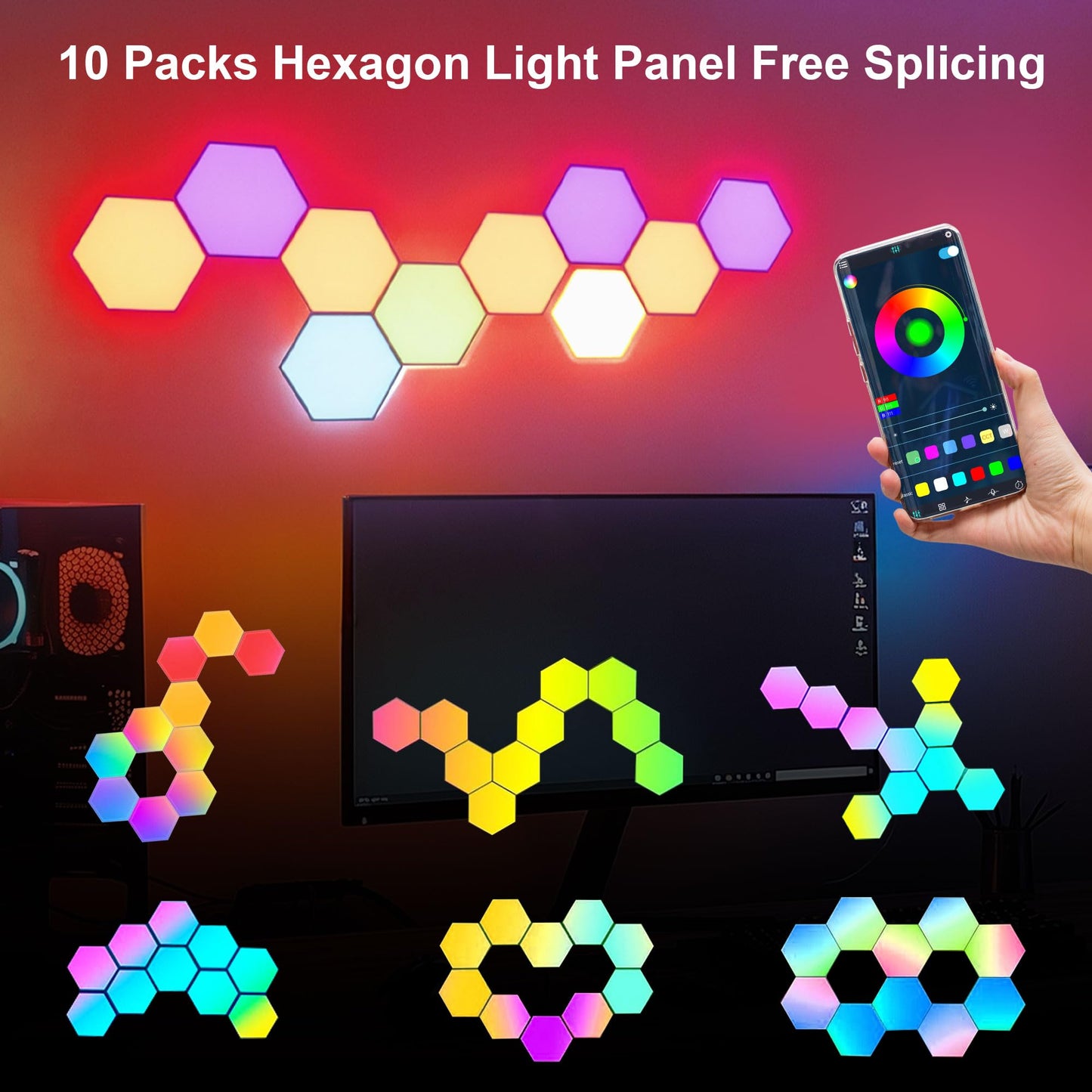SLARY 10Pcs RGB Hexagon Light Panels LED Wall Lights, Smart Modular Gaming Lights Creative Wall Lights with APP, Cool DIY Honeycomb Shape Panels Hexagon Lights with Music Sync for Indoor Decor