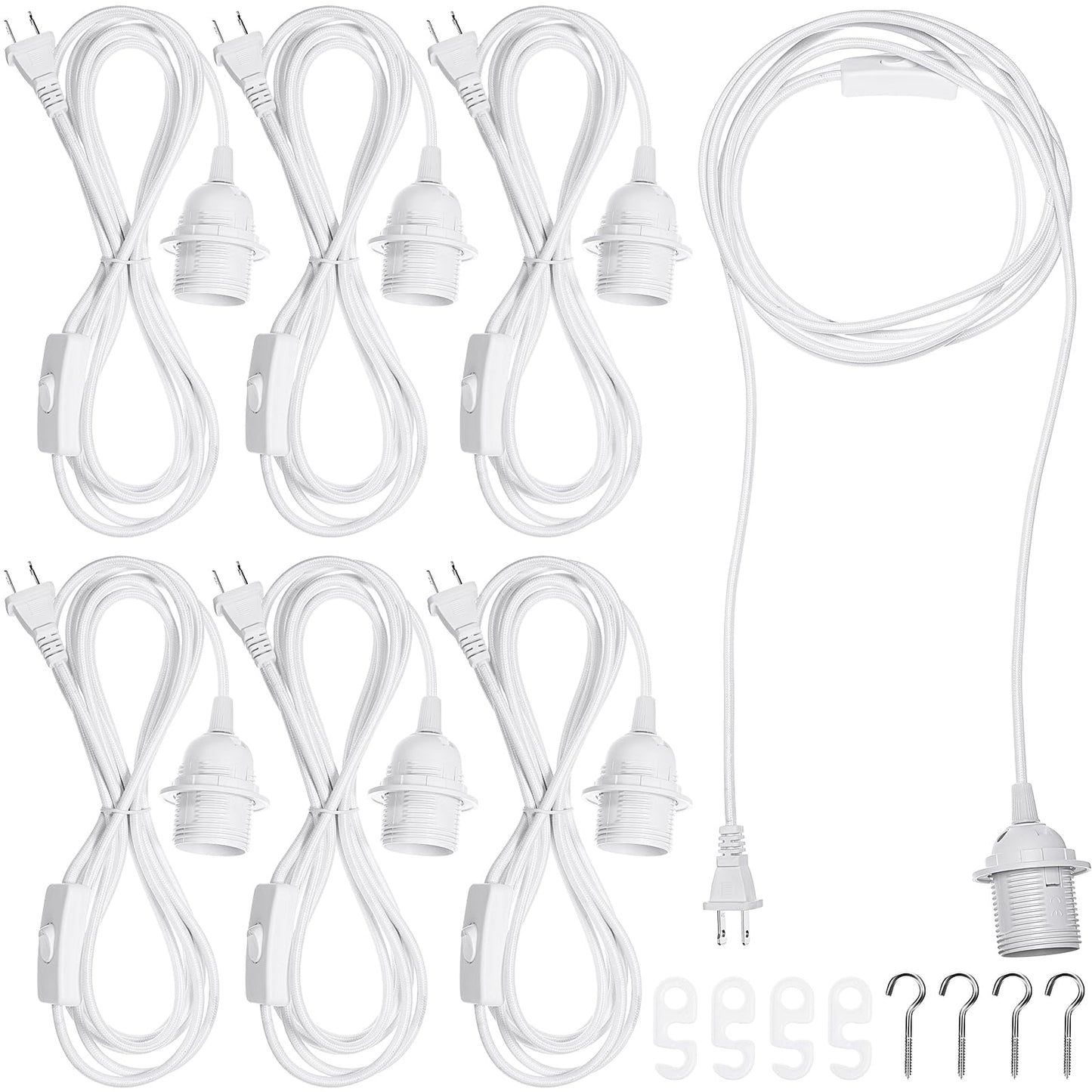 Hortsun 6 Pack Hanging Light Kit E26/E27, 12 Ft White Lamp Cord With On/Off Switch For Bedroom And Living Room