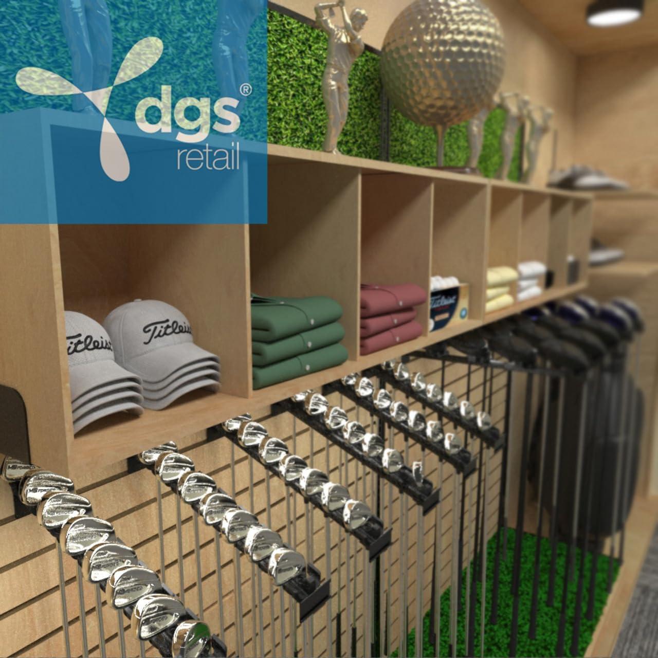 ClubExhibit Elite™ Golf Club Slatwall Retail Display Rack for 32 Golf Clubs with 4 Wood Bins, 48"W x 84"H x 25"D Industrial Grade Made in USA