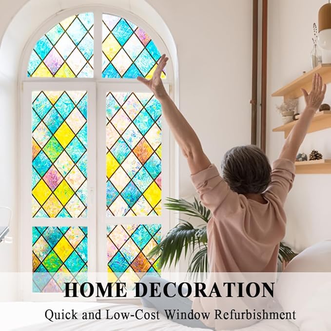 Colorful Stained Glass Window Film 3D Prism Sliding Door Privacy Covering Static Cling Church Tint Decorative Suncatcher Cover Decal No Glue Heat Cotrol Anti Glare Removable Home Office,23.6x118in.