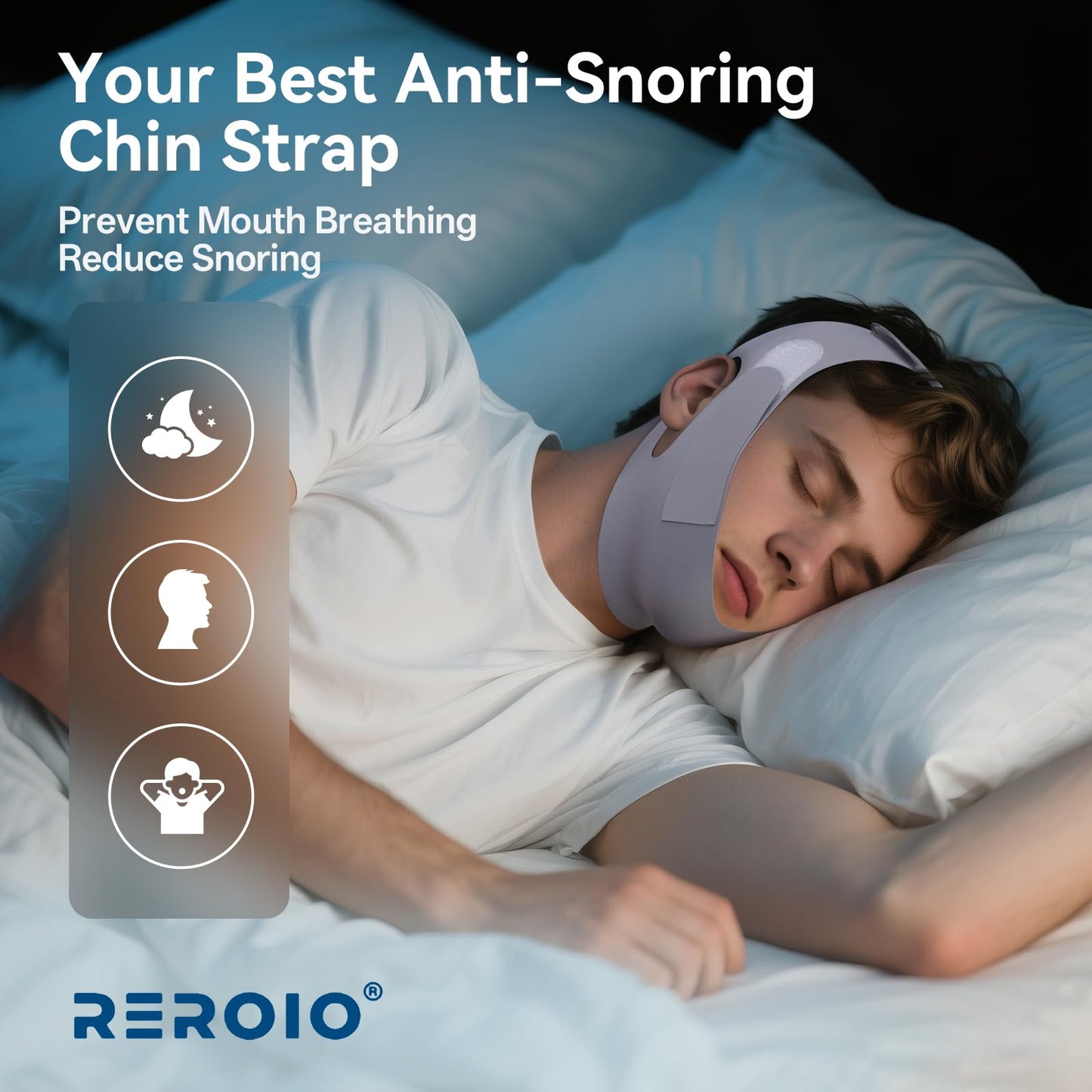 REROIO Chin Strap for Sleeping with 4-Side Adjustment, Anti Snoring Chin Strap Elasticity for Adults, Anti Snoring Devices Breathable and Durable, Snore Stopper for CPAP Users, Gray, M, 2packs