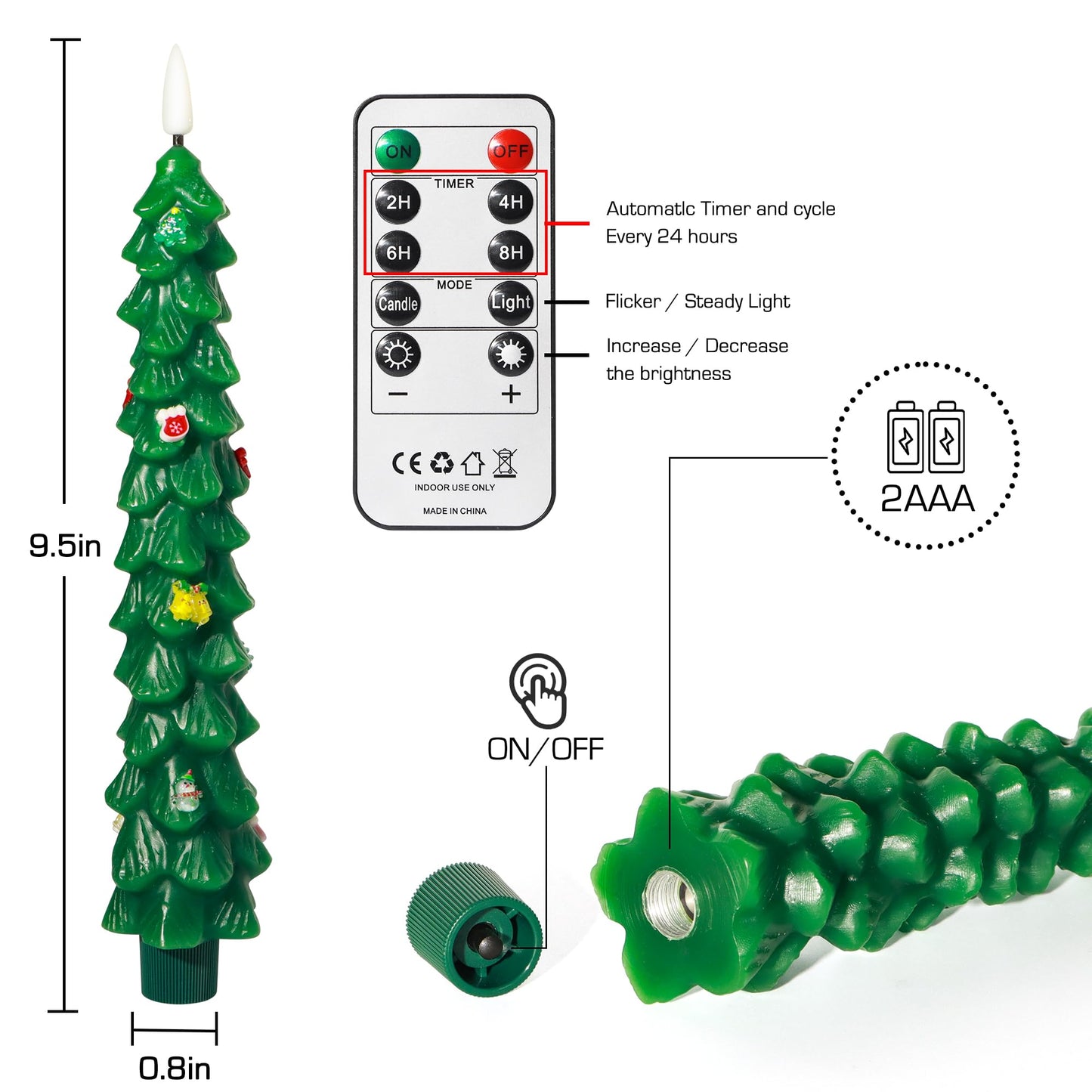 Daord 3 PCS Christmas Tree Taper Candles with Remote & Timer, Flameless Christmas Tree Wax Battery Operated Green Tree LED Candle for Christmas Home Decor(3pcs,9.5inch)