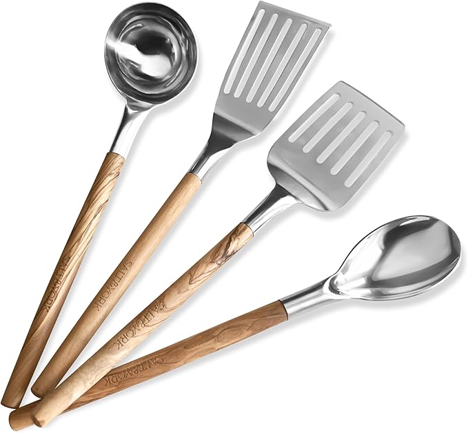 Premium Cooking Utensil Set – Salt & York 4-Piece Stainless Steel Non-toxic Kitchen Tools with Handcrafted Wooden Handles – Spatula, Ladle, Spoon – Gift for Home Cooks, Kitchen Gift