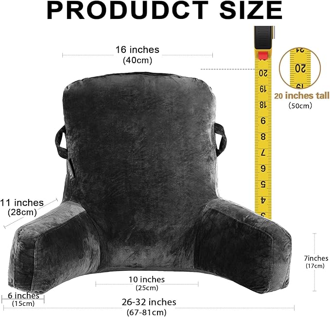 SLIGUY Reading Pillow Standard Bed Pillow for Sitting in Bed Couch or Floor-Backrest with Arms Support and Pockets, Adult Back Pillow Bed Chair for Bed Rest, Watching TV, Gaming, Dark Grey