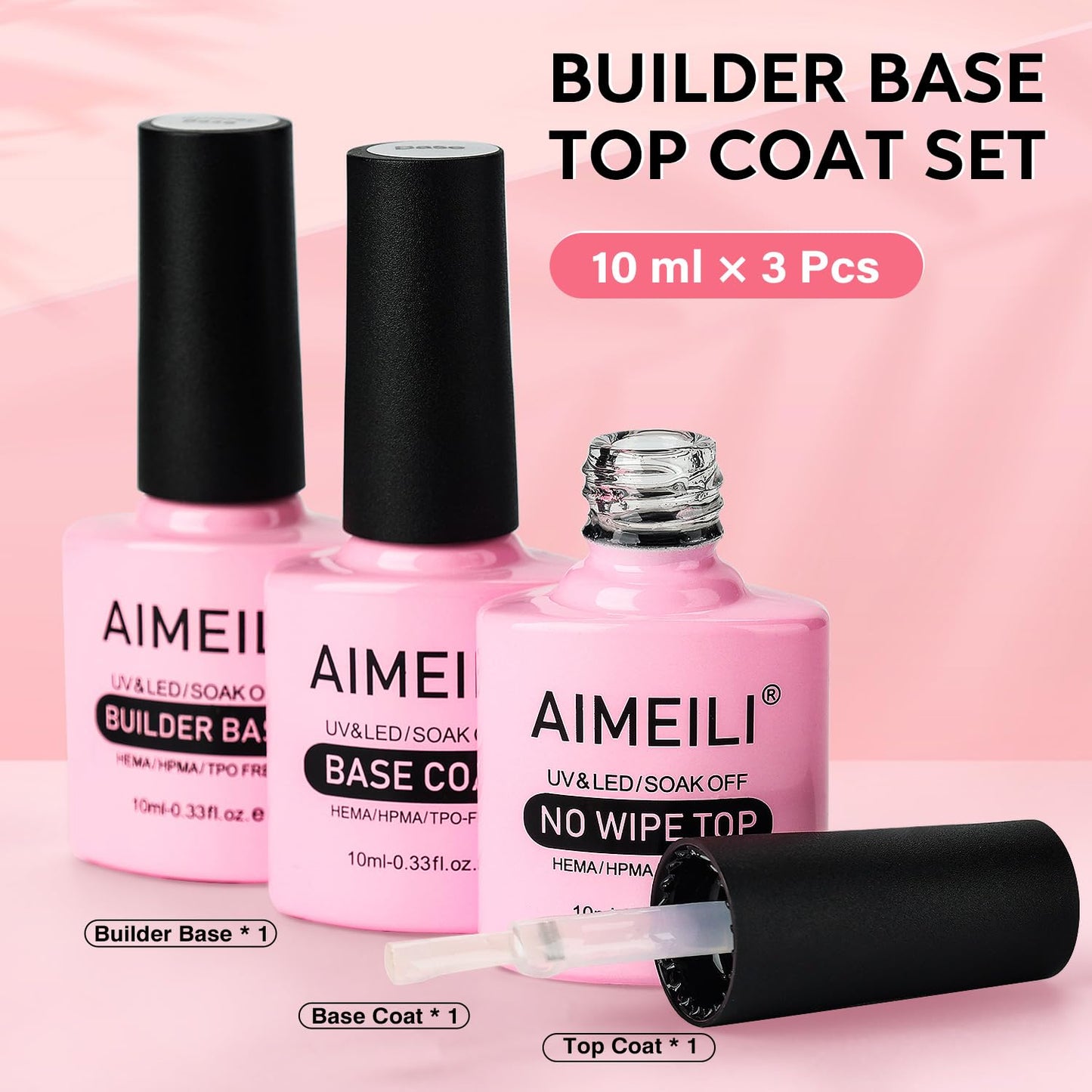 AIMEILI Builder Nail Gel, Base Coat, and No Wipe Top Coat Kit Set 3 Pcs 10ML Soak Off U V LED Gel Nail Polish