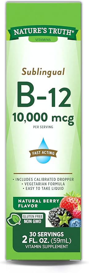 Nature's Truth Sublingual Vitamin B-12 10,000 Mcg, Fast Acting Liquid, Natural Berry Flavor, 2 Fluid Ounce (Pack of 1)