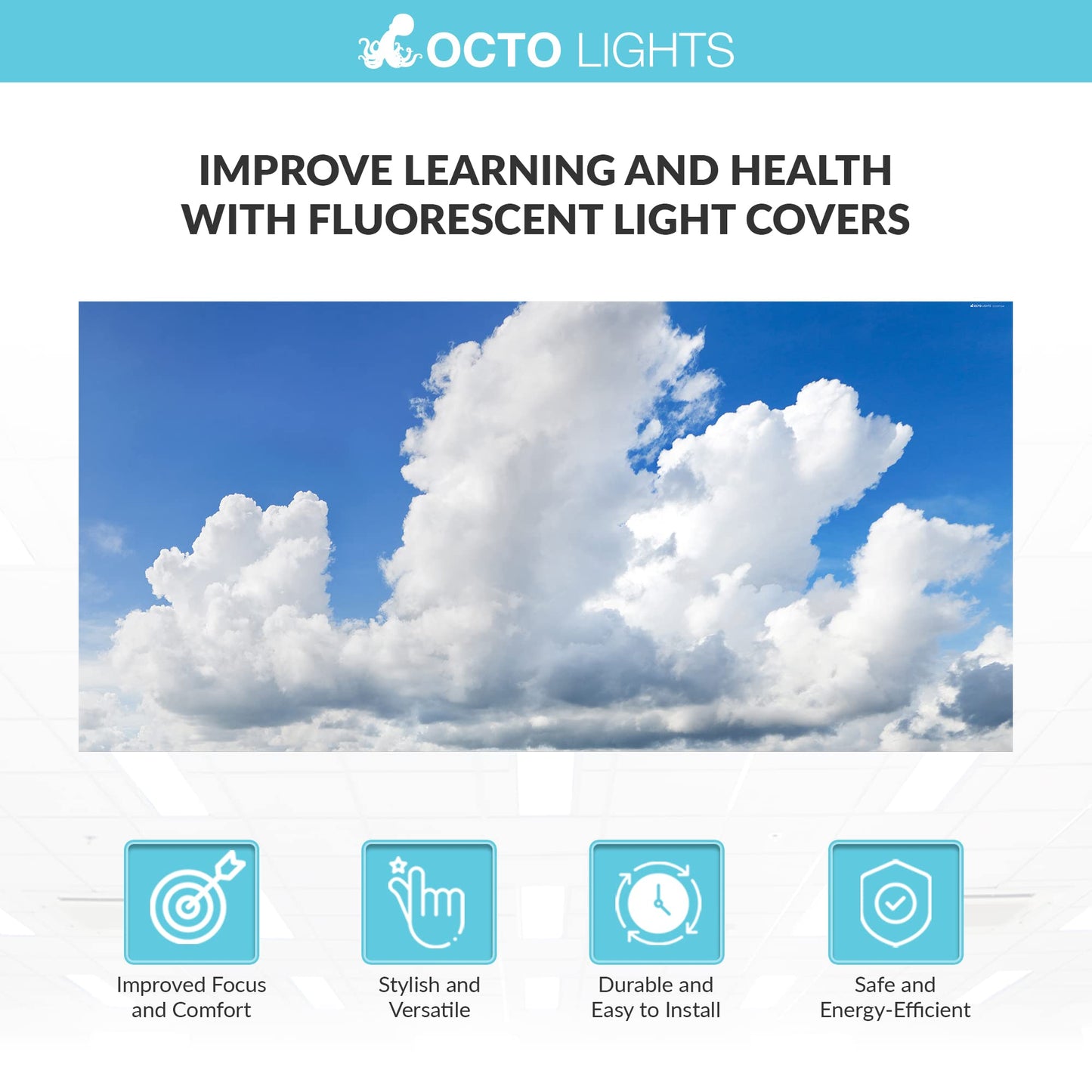 Octo Lights Fluorescent Light Covers 2X4 - Majestic Cumulus, Backlit Film, Model Cld-015, Reduces Headaches, Enhances Focus