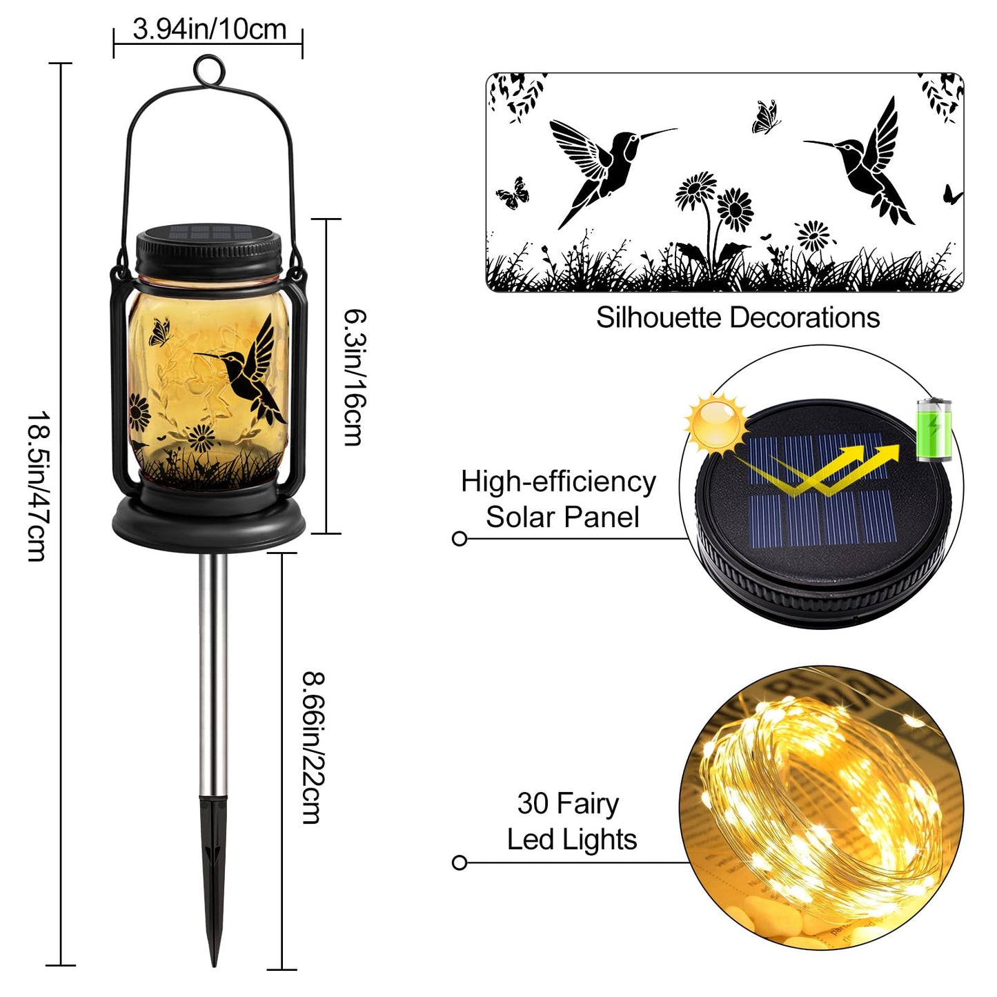 ANGMLN Hummingbird Solar Lanterns 3-in-1 Waterproof Garden Decor Lights, Glass, 2 Pack, Model FG-61