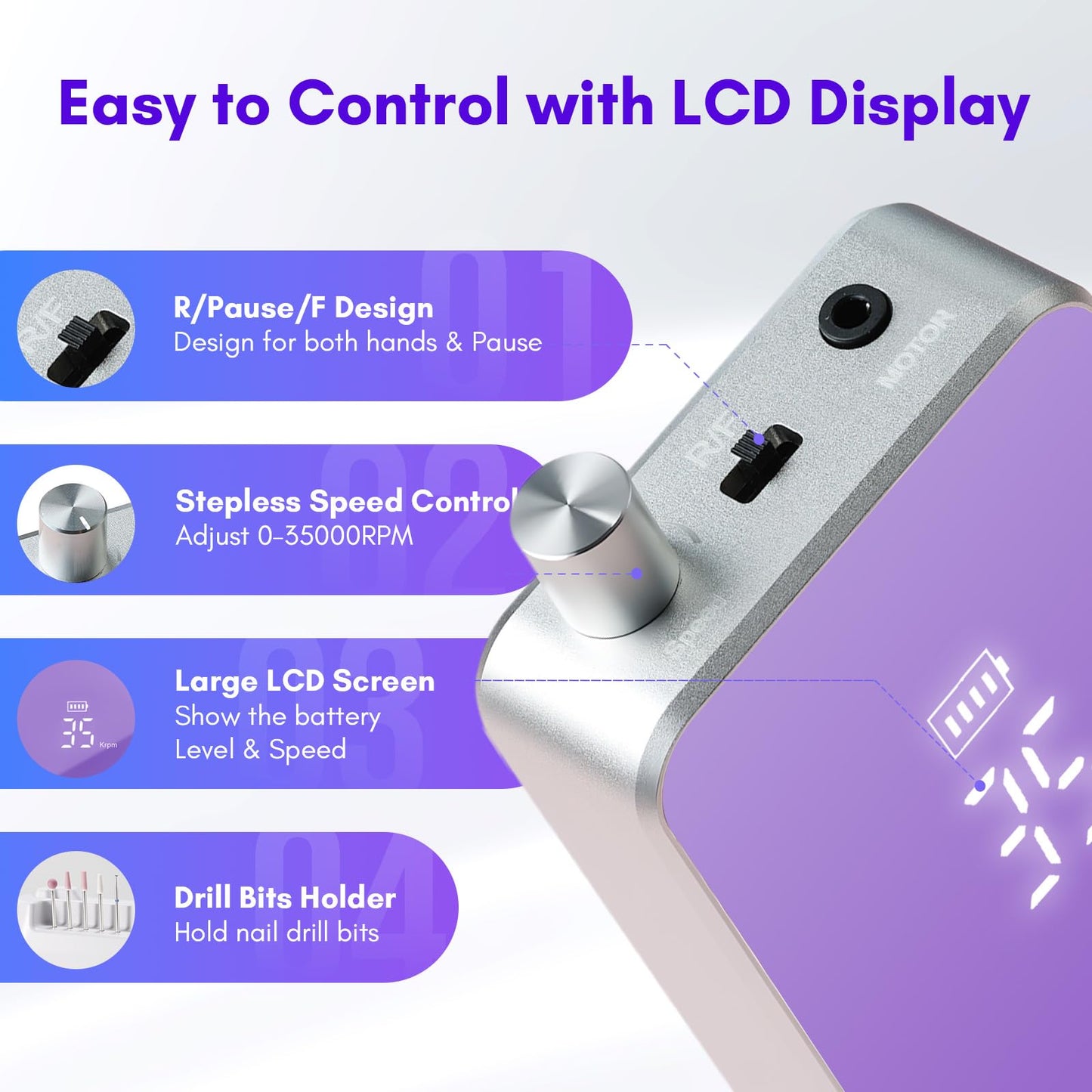 Makartt Professional Nail Drill - 35000RPM Electric Nail File with 60W Coreless Motor, 2 in 1 Desktop & Portable Rechargeable E