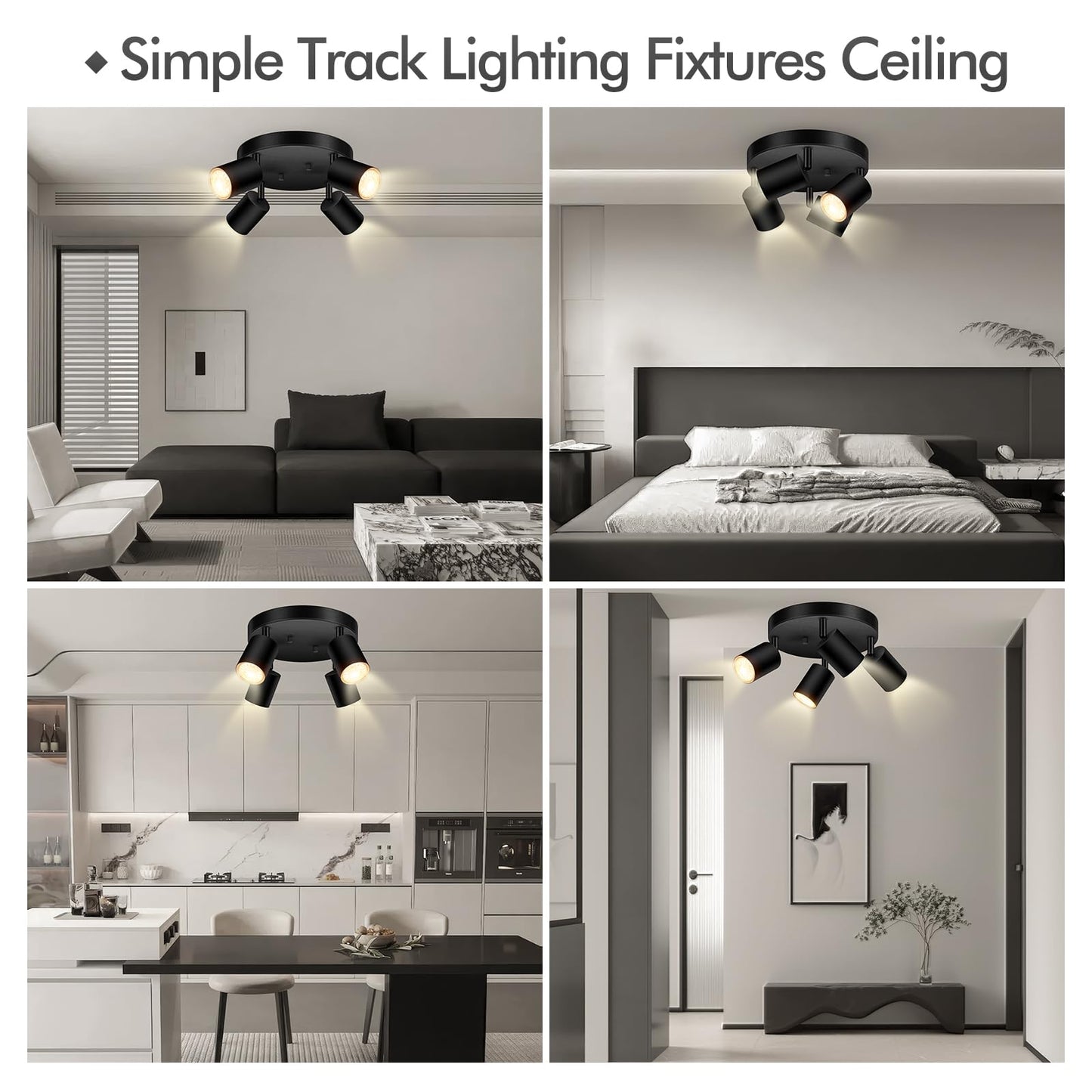 4 Light Track Lighting Fixtures Ceiling  Matte Black Round Directional Ceiling Spotlight  Gu10 Flush Mount Track Fixture  Adjustable Modern Led Track Lights For Kitchen/Living Room  Bulb Not Included