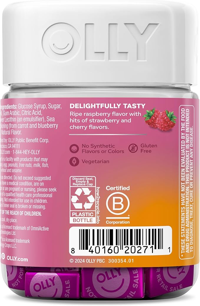OLLY Focused Thinker Brainy Chews, Omega-3 ALA, Vitamins B6 & B12, Plus Thai Ginger Extract for Alertness, Concentration & Cognitive Performance Support, Vegetarian, Raspberry, 20 Count