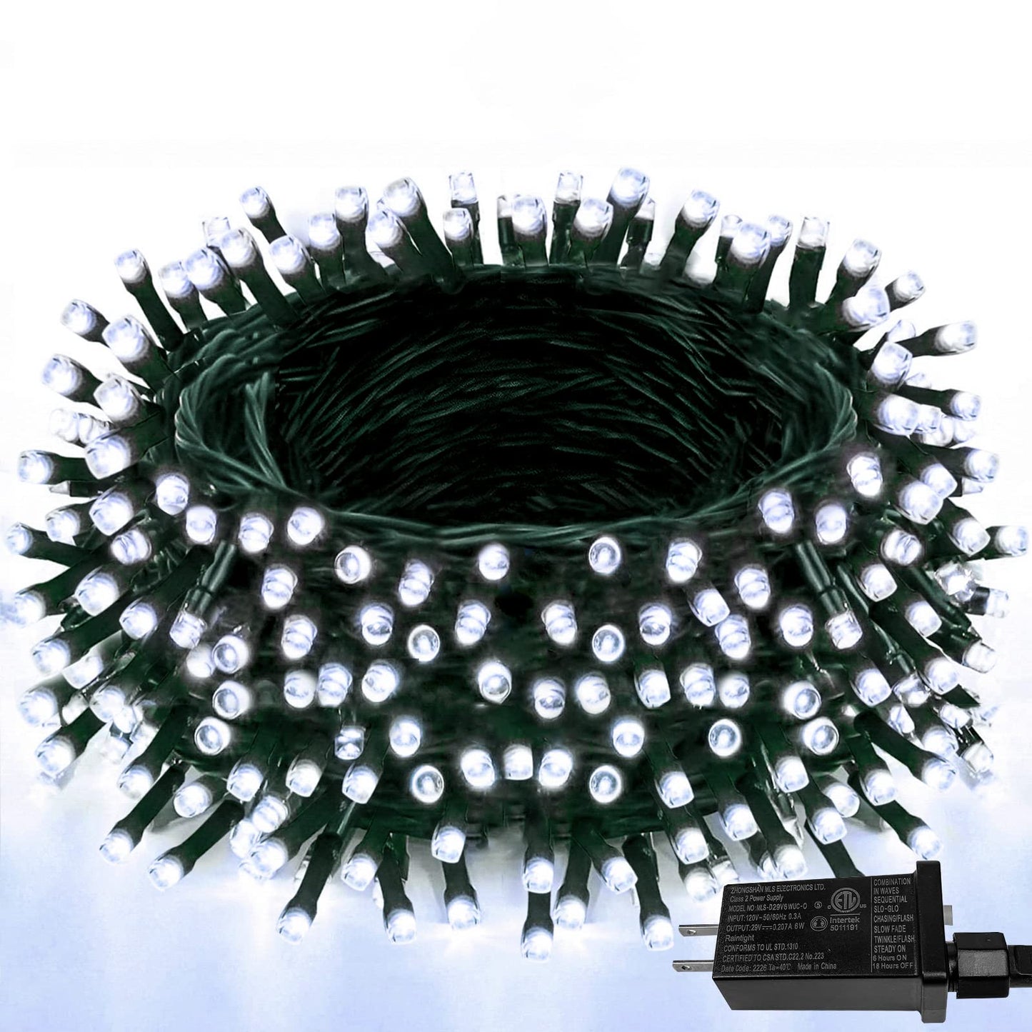 YIQU 300 LED Christmas String Lights, Cool White, Green Wire, Waterproof, 8 Modes, Memory Timer, Model MLS-D29V6WUC-O