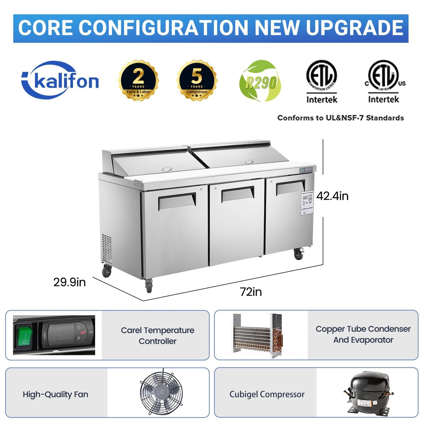 kalifon 72" W 3 Door Refrigerator Sandwich Salad Prep Table Commercial Stainless Steel Fan Cooling Refrigerator with Cutting Board, 3 Shelves & 30 Pans for Restaurant, Bar, Shop-20 Cu.ft
