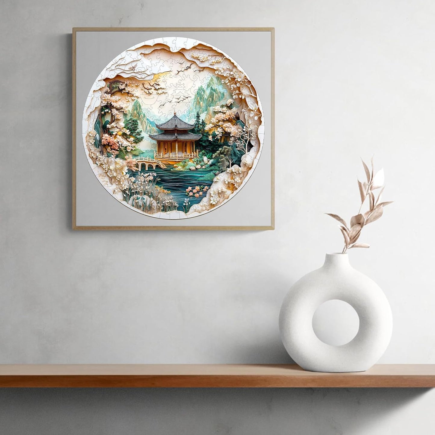 KAAYEE Wooden Puzzles for Adults, 3D Visual Effect Chinese Landscape Painting Wooden Jigsaw Puzzle Unique Shape Wood Puzzle Adult, 3D Effect Flat Puzzle Birthday Family Games (L-13.4*13.4 in-285pcs)