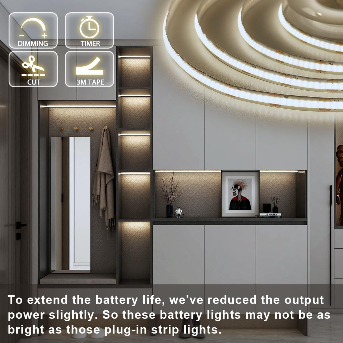 OMIKA COB LED Light Strip, 6.56FT, 640LED, 4000K Natural White, Battery Powered, Flexible, Dimmable, Model MKR-BO-68
