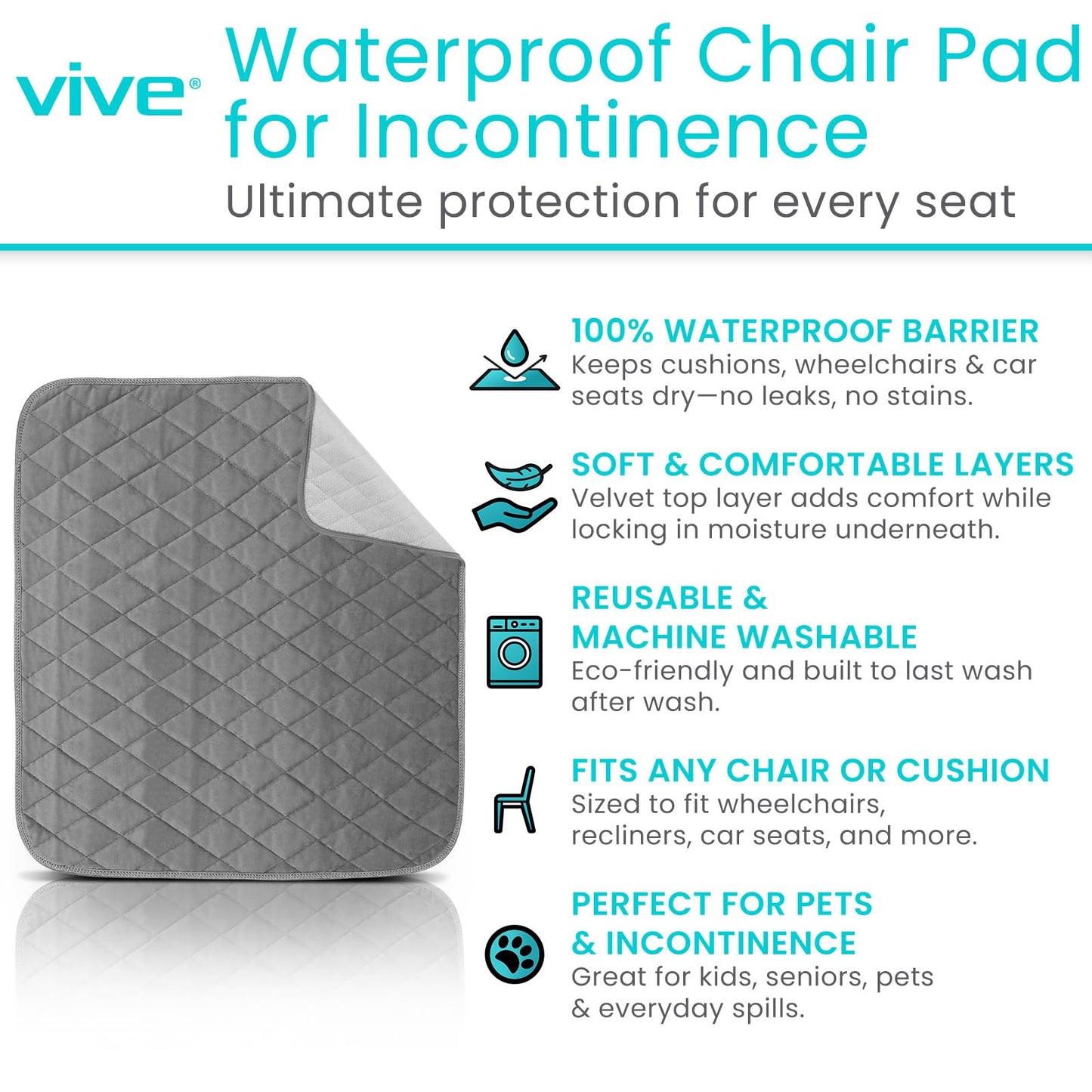 Sures Waterproof Chair Pads for Incontinence (22" x 21") - Washable, Waterproof Seat Protector - Chair Protector Seat Cover - Absorbent Pad for Bed, Seat, Car, Wheelchair & Recliner (Gray, 2 Pack)