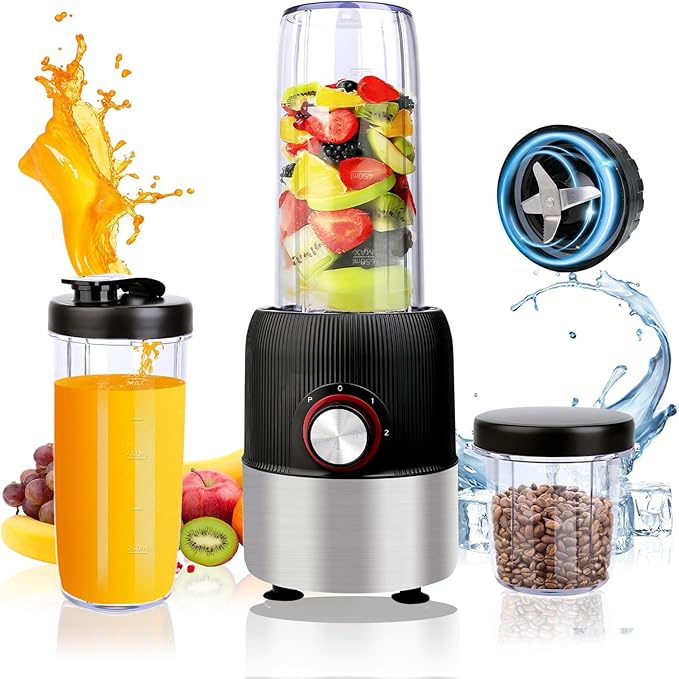 1000W 2-in-1 Personal Blender with Travel Bottles, Portable Smoothie Maker for Shakes & Grinding Coffee, 3 Speeds, 27oz & 6.7oz Cups, Compact & Powerful, Black