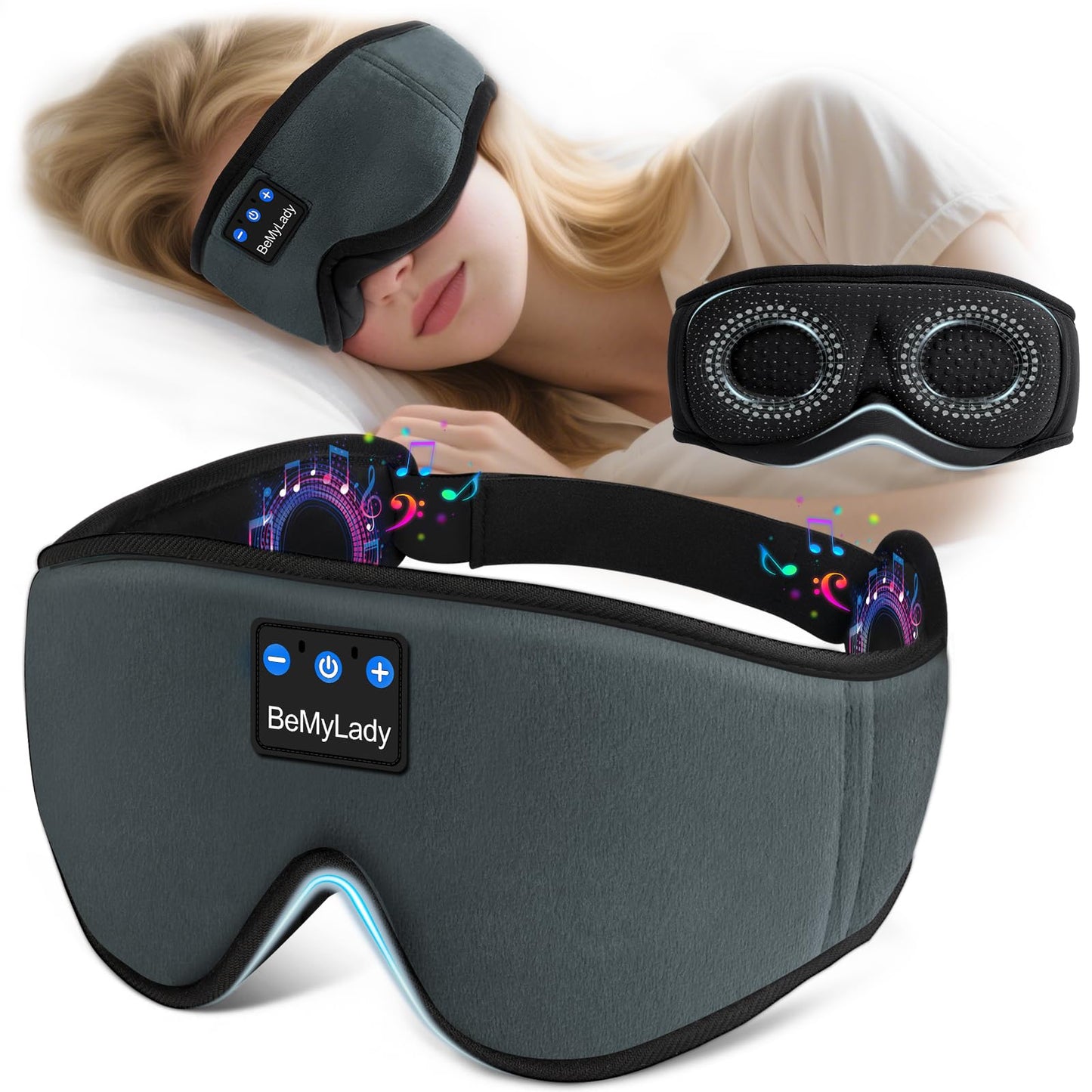 BeMyLady Sleep mask Headphones,100% Blackout 3D Zero Eye Pressure Bluetooth Sleep mask Breathable Eye mask with Bluetooth Headphones Sleep Headphones for Side Sleepers, 14H Playtime&Bluetooth 5.4 Grey