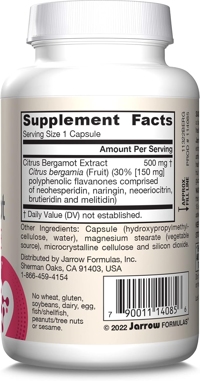 Jarrow Formulas Citrus Bergamot 500 mg - 60 Servings (Veggie Caps) - Antioxidant Support for Cardiovascular & Metabolic Health - Dietary Supplement - Gluten Free - Use with Jarrow Formulas QH-absorb