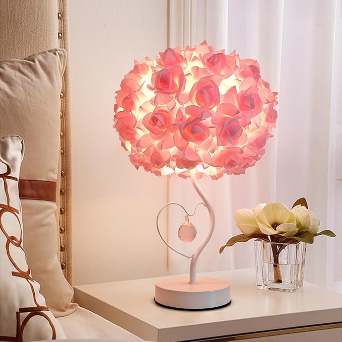 Pink Rose Flower Bedside lamp Princess Table lamp Flower Lamp for Nightstand Desk Light for Bedroom Women Girl Dating Gifts Party Wedding Decor Living Room Restaurant Office