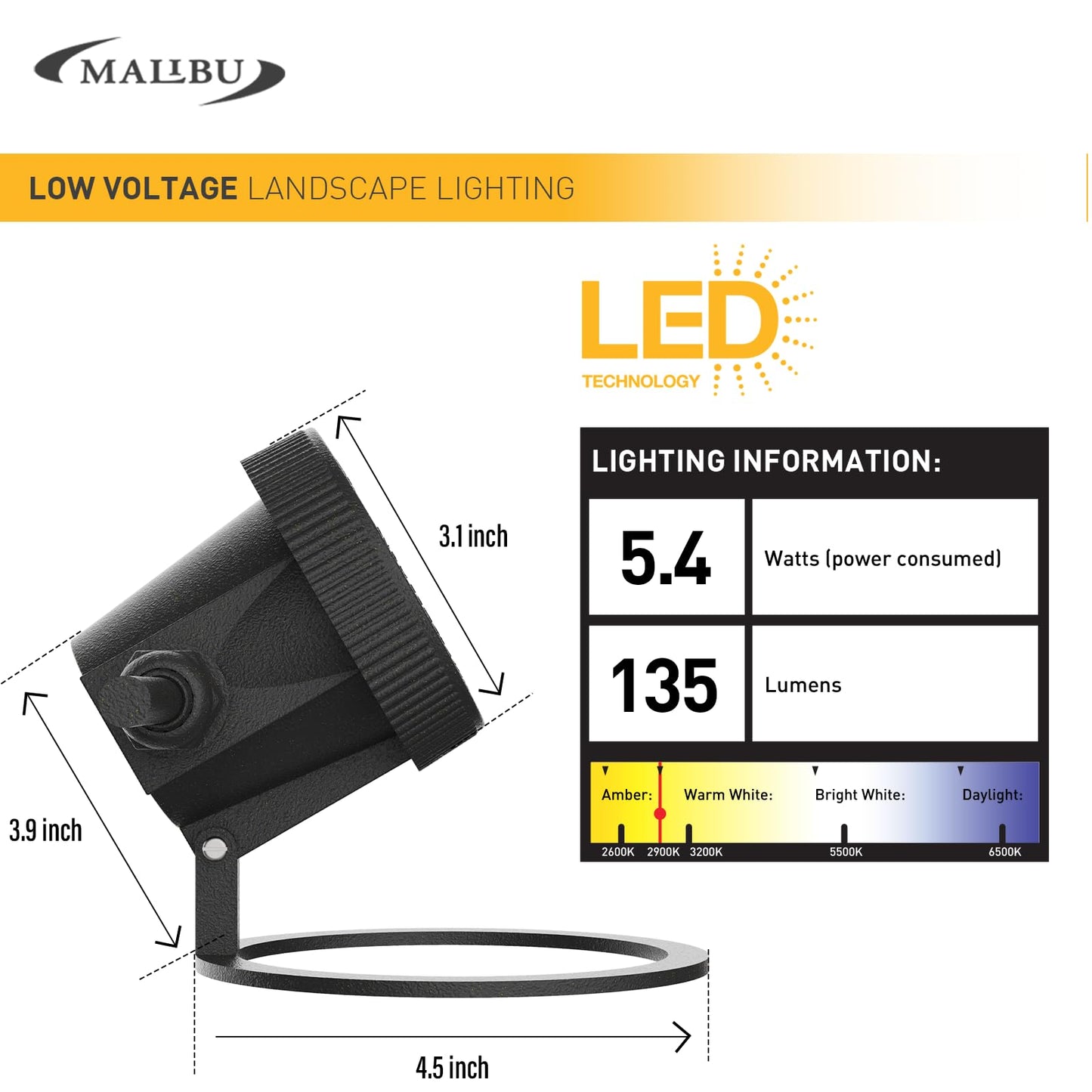 Malibu LED Pond Light 5.4W 12V AC Waterproof Black 4-Pack, 2900K Warm White, Model MALIBU 8401-3501