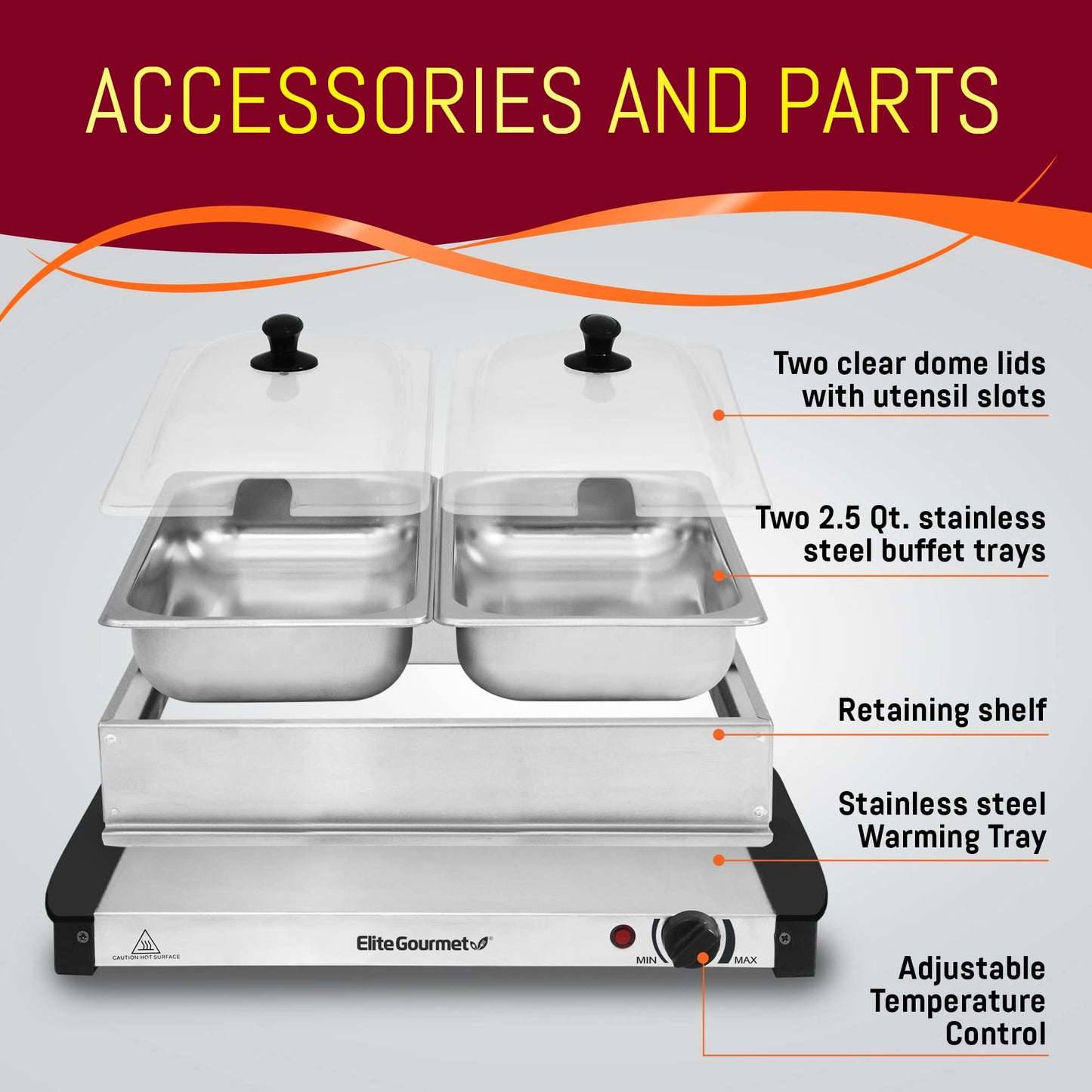 Elite Gourmet EWM-6122# Dual 2 x 2.5 Qt. Trays, Buffet Server, Food Warmer Temperature Control, Clear Slotted Lids, Perfect for Parties, Entertaining & Holidays, 5 Qt Total, Stainless Steel